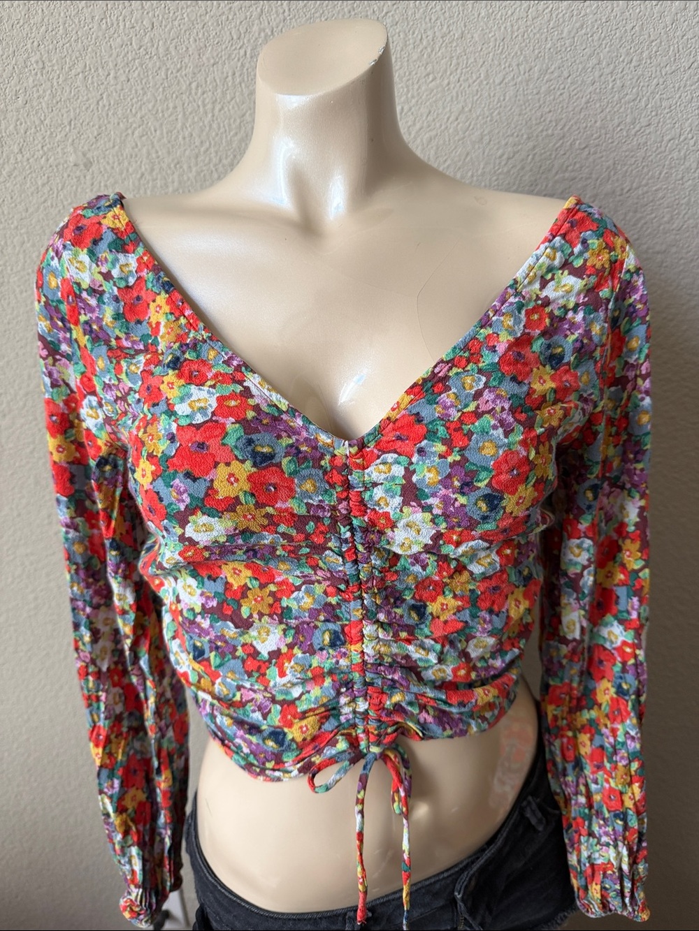 H&M Multicolor Floral Ruched V-Neck Crop Top - Red, Yellow, Purple, Green